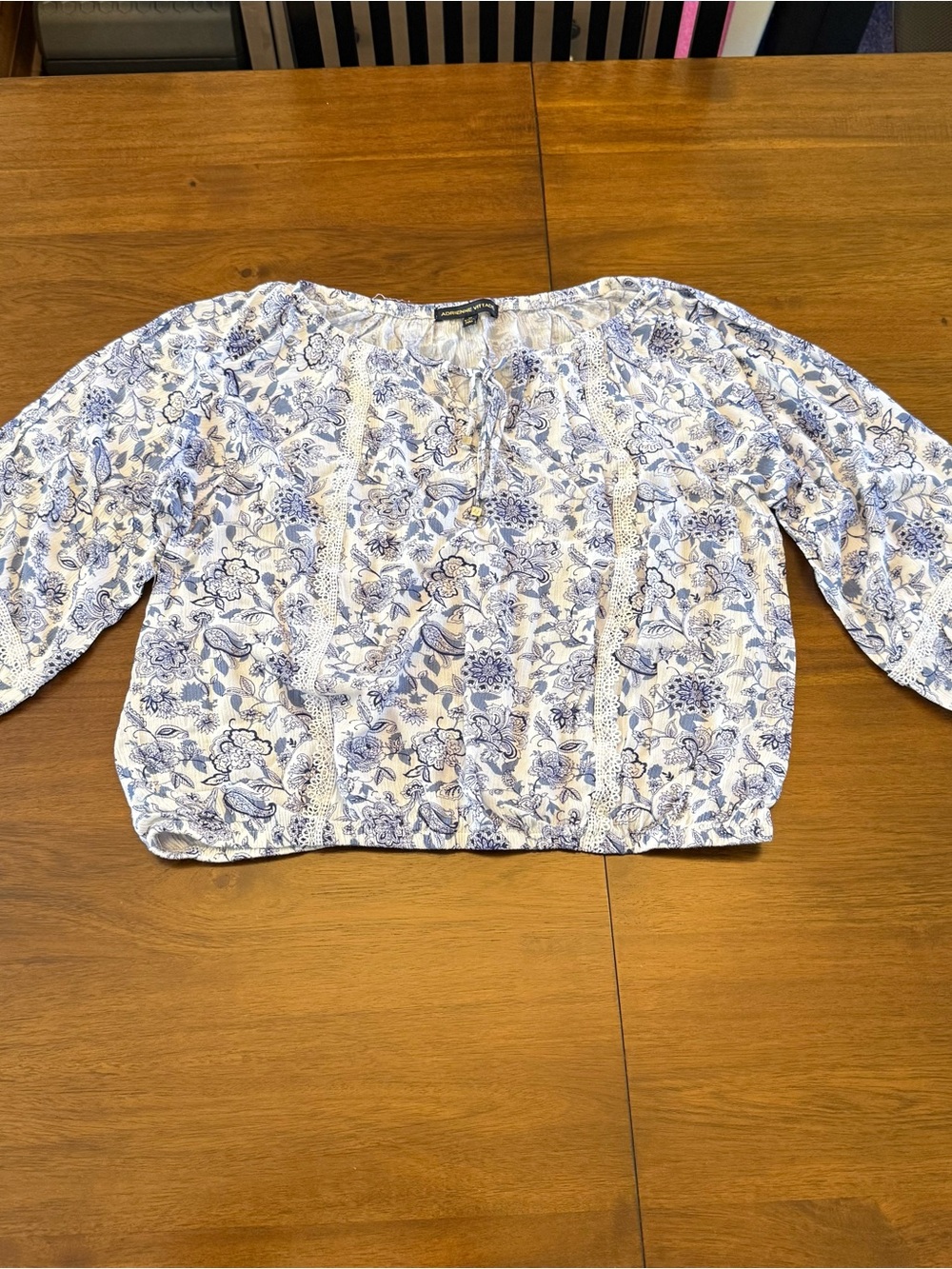 Adrienne Vittadini White and Blue Floral Peasant Blouse